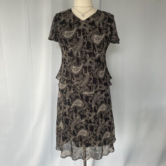 Skirt Set Size 14 Black Beige Paisley Flutter Short Sleeve A Line Y2K 2 Piece - Picture 2 of 16